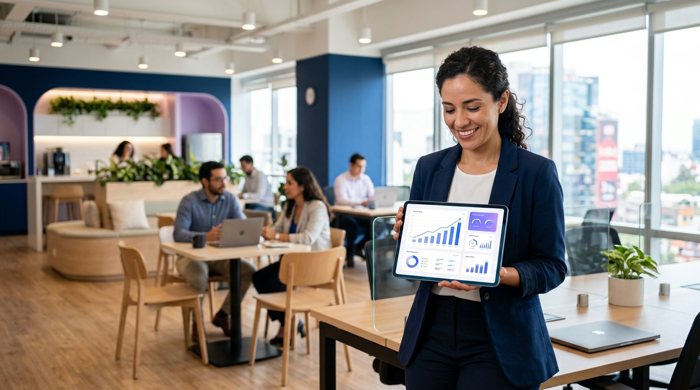 Profesional en una oficina moderna analizando gráficos de productividad y automatización en una tableta.