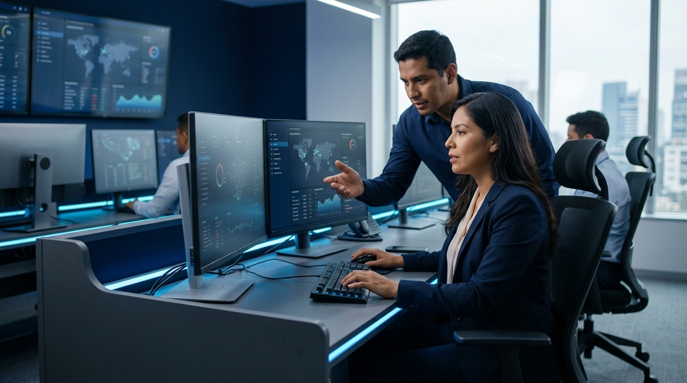 Centro de control de ciberseguridad corporativa que representa la protección proactiva de datos en la nube.