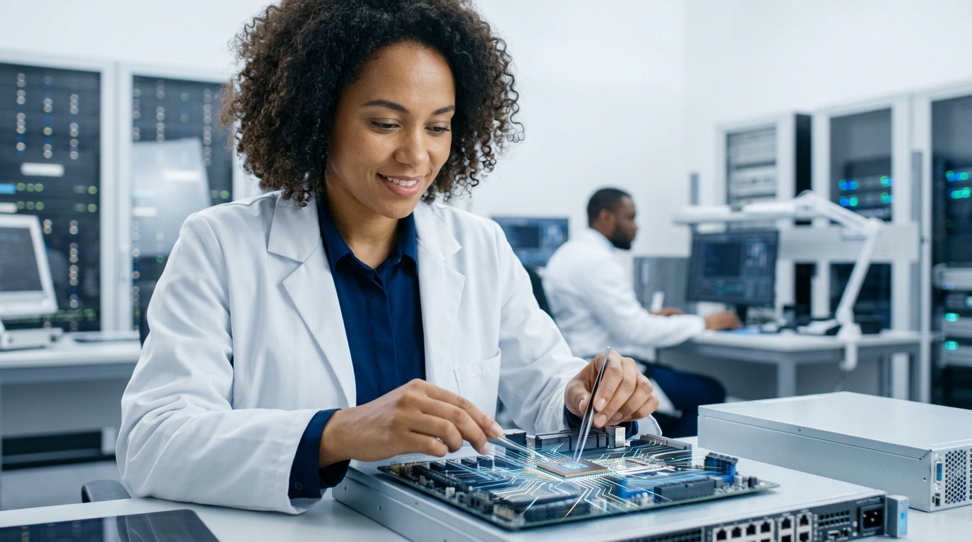 Representación conceptual de semiconductores avanzados y eficiencia energética para inteligencia artificial