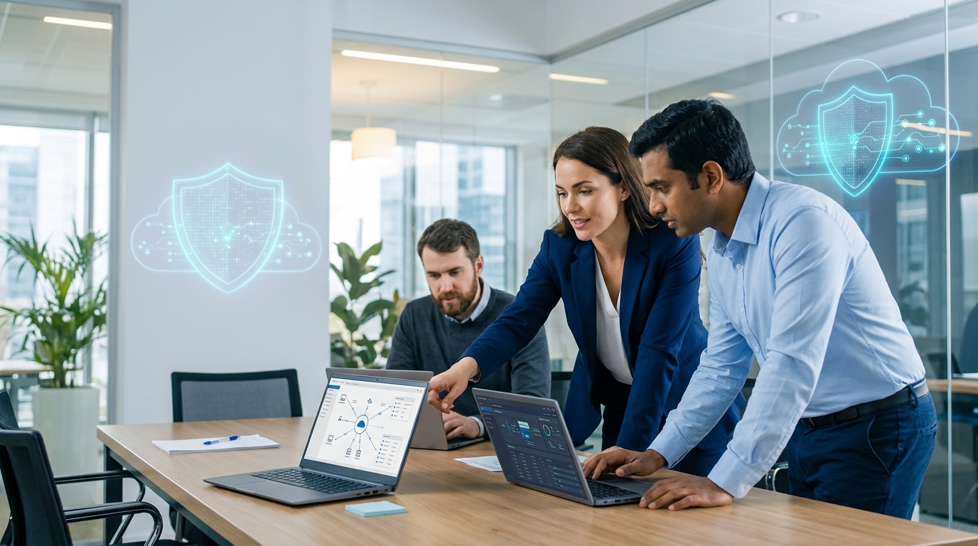 Concepto de resiliencia y continuidad de negocio en la nube protegiendo flujos de trabajo críticos