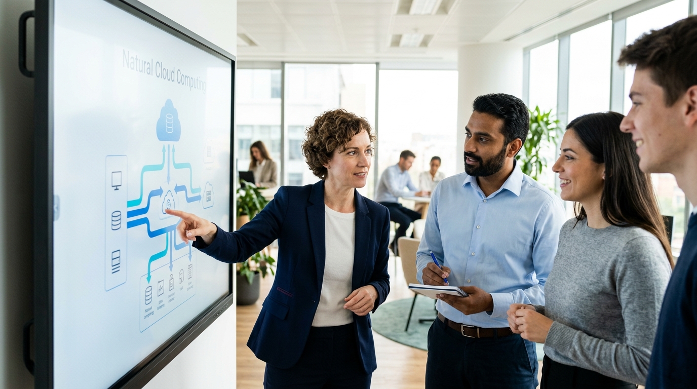 Equipo de trabajo analizando la integración de IA y Cloud en una oficina moderna