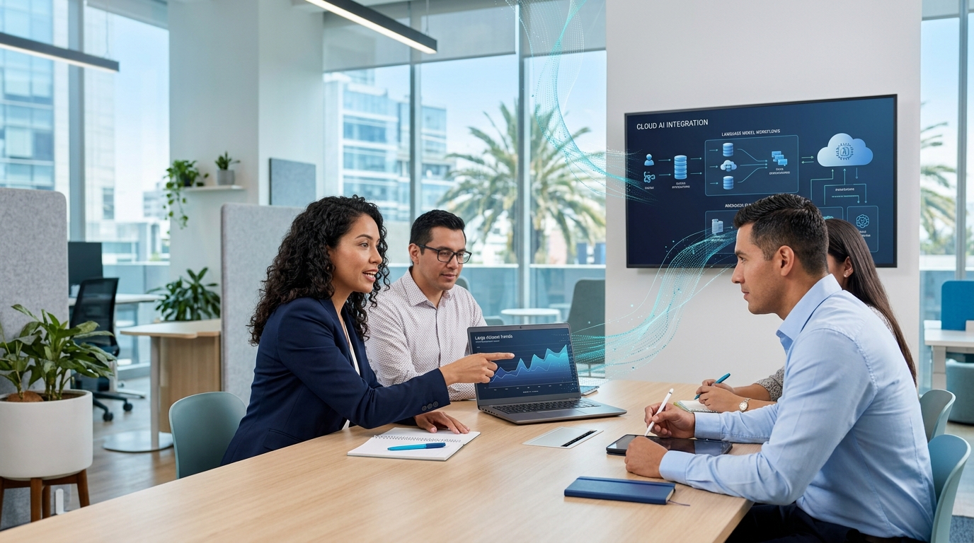 Profesionales trabajando en una oficina moderna con conceptos visuales de cloud computing e inteligencia artificial.
