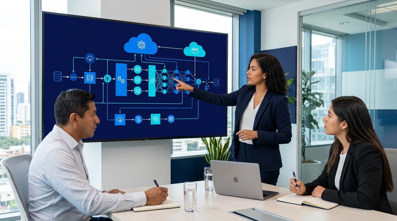 Visualización de flujos de trabajo de inteligencia artificial y nube en una oficina corporativa moderna