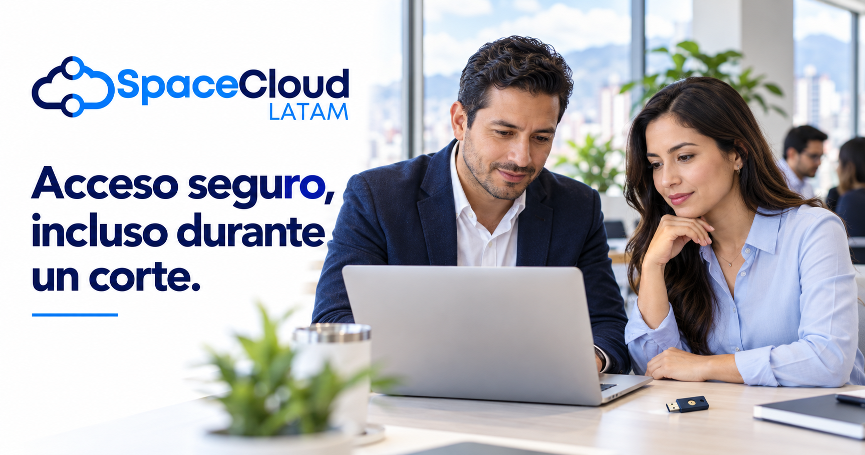 Escena empresarial generada con IA: gerente y líder de tecnología revisan un portátil junto a una llave de seguridad. Mensaje: Acceso seguro, incluso durante un corte.