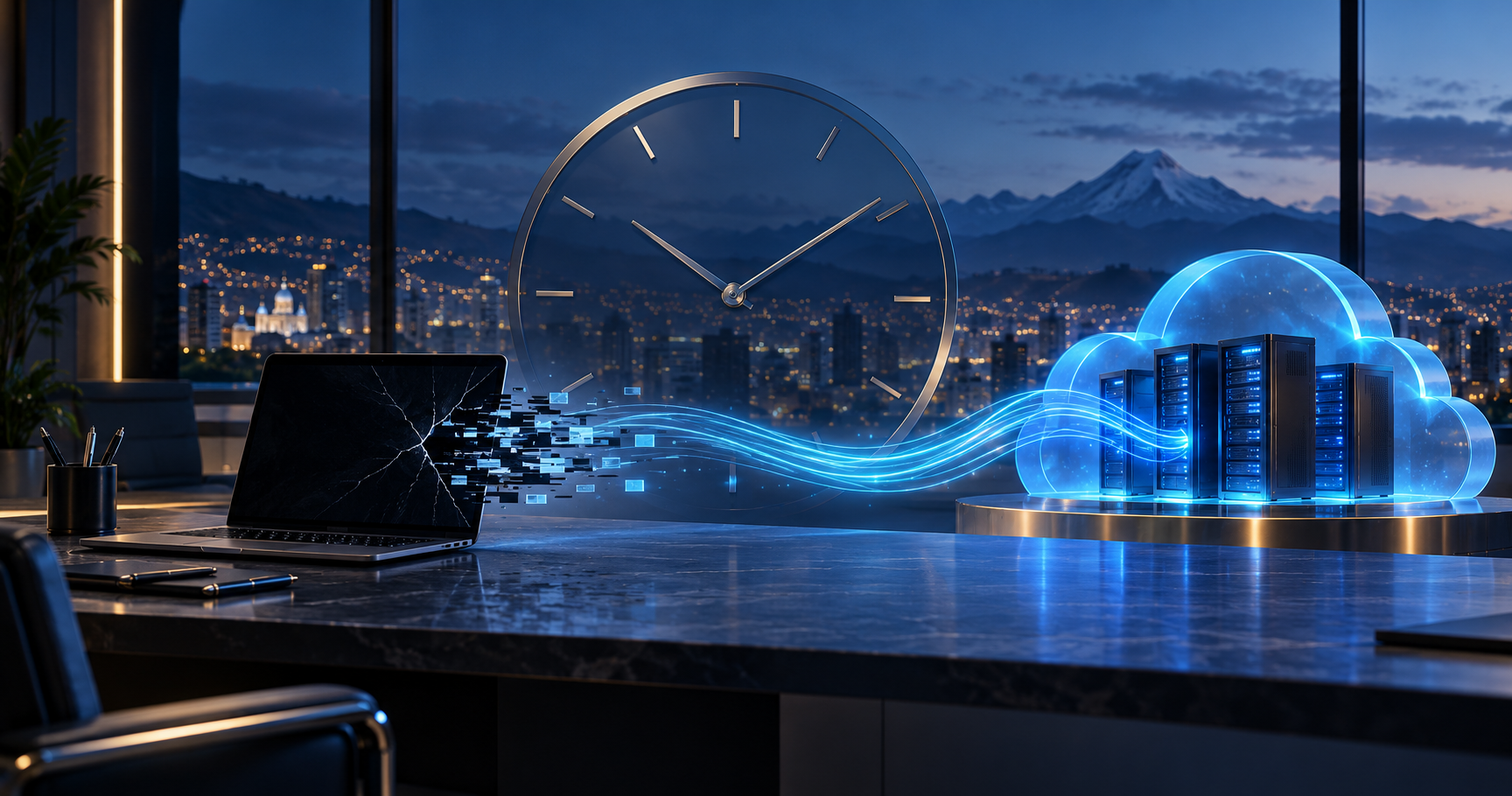 Ilustración conceptual de un reloj y datos que fluyen desde un portátil hacia infraestructura cloud, con una ciudad andina al fondo.